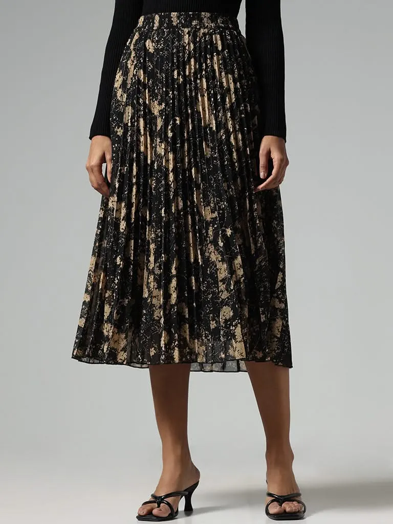 Wardrobe Black Floral Printed Pleated Midi Skirt