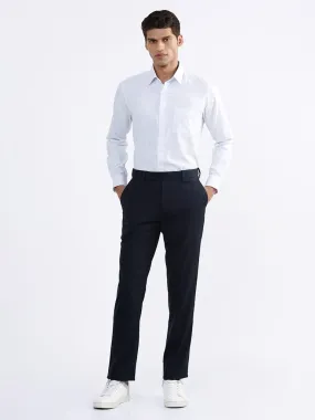 WES Formals Plain Navy Slim-Fit Mid-Rise Trousers