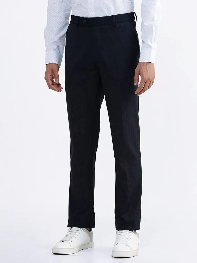 WES Formals Plain Navy Slim-Fit Mid-Rise Trousers