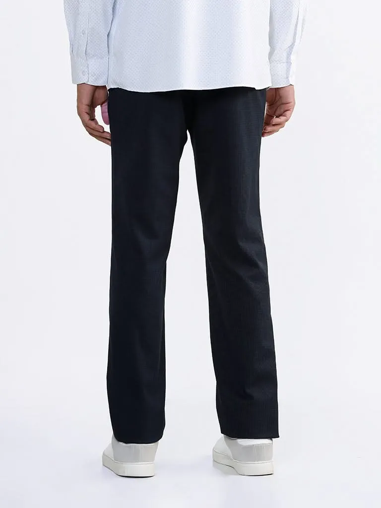 WES Formals Plain Navy Slim-Fit Mid-Rise Trousers