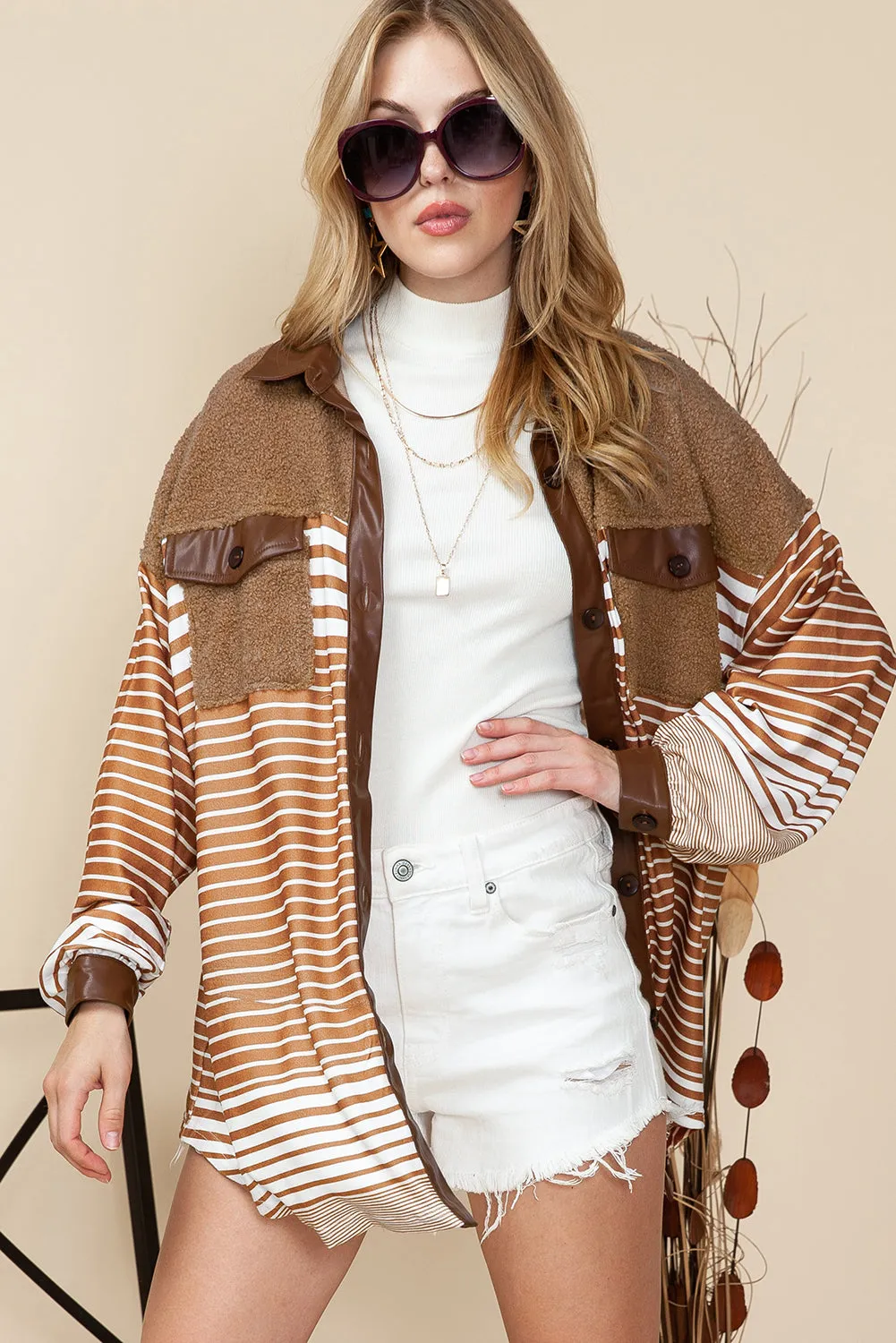 Wholesale Khaki Faux Leather and Sherpa Striped Shirt Shacket