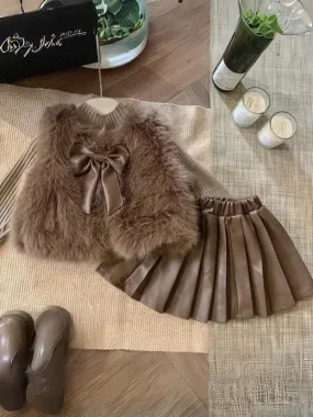 Winter Cozy Furry Vest and Pleated Skirt Set