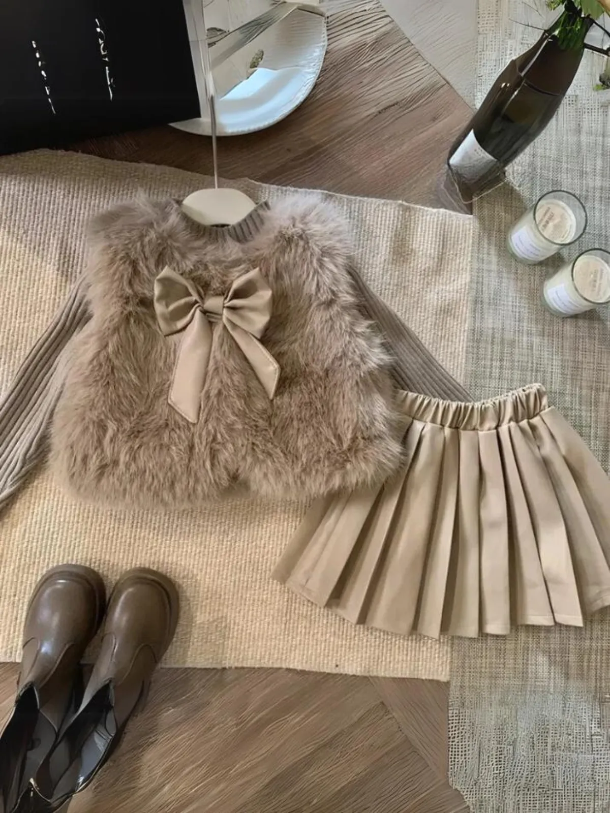 Winter Cozy Furry Vest and Pleated Skirt Set