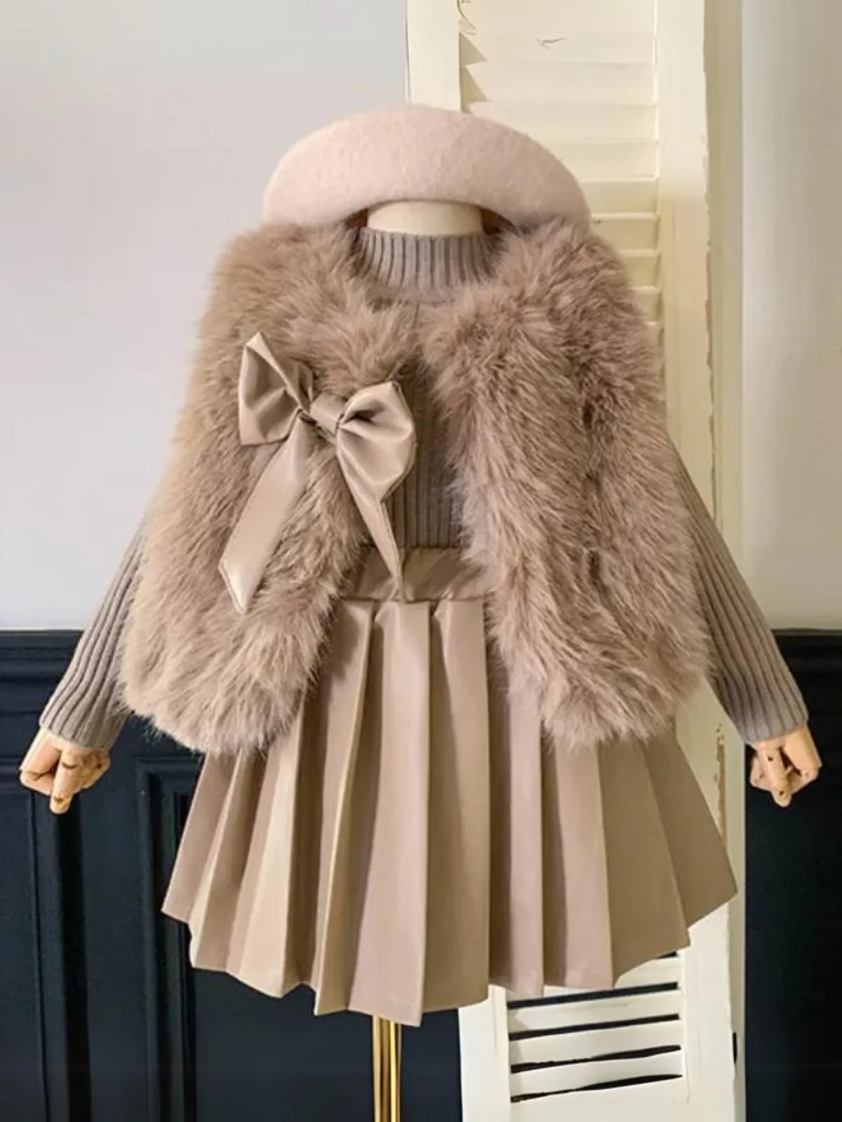 Winter Cozy Furry Vest and Pleated Skirt Set