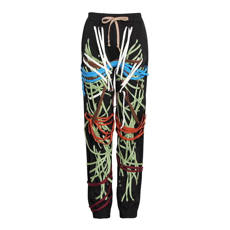 WLS High Waist Patchwork Slim Tie Pants