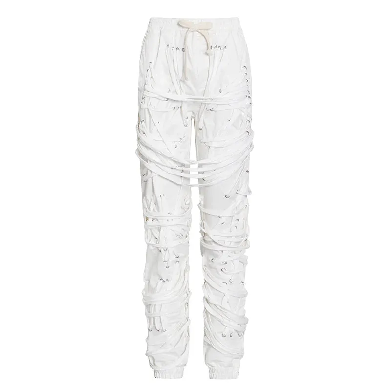 WLS High Waist Patchwork Slim Tie Pants