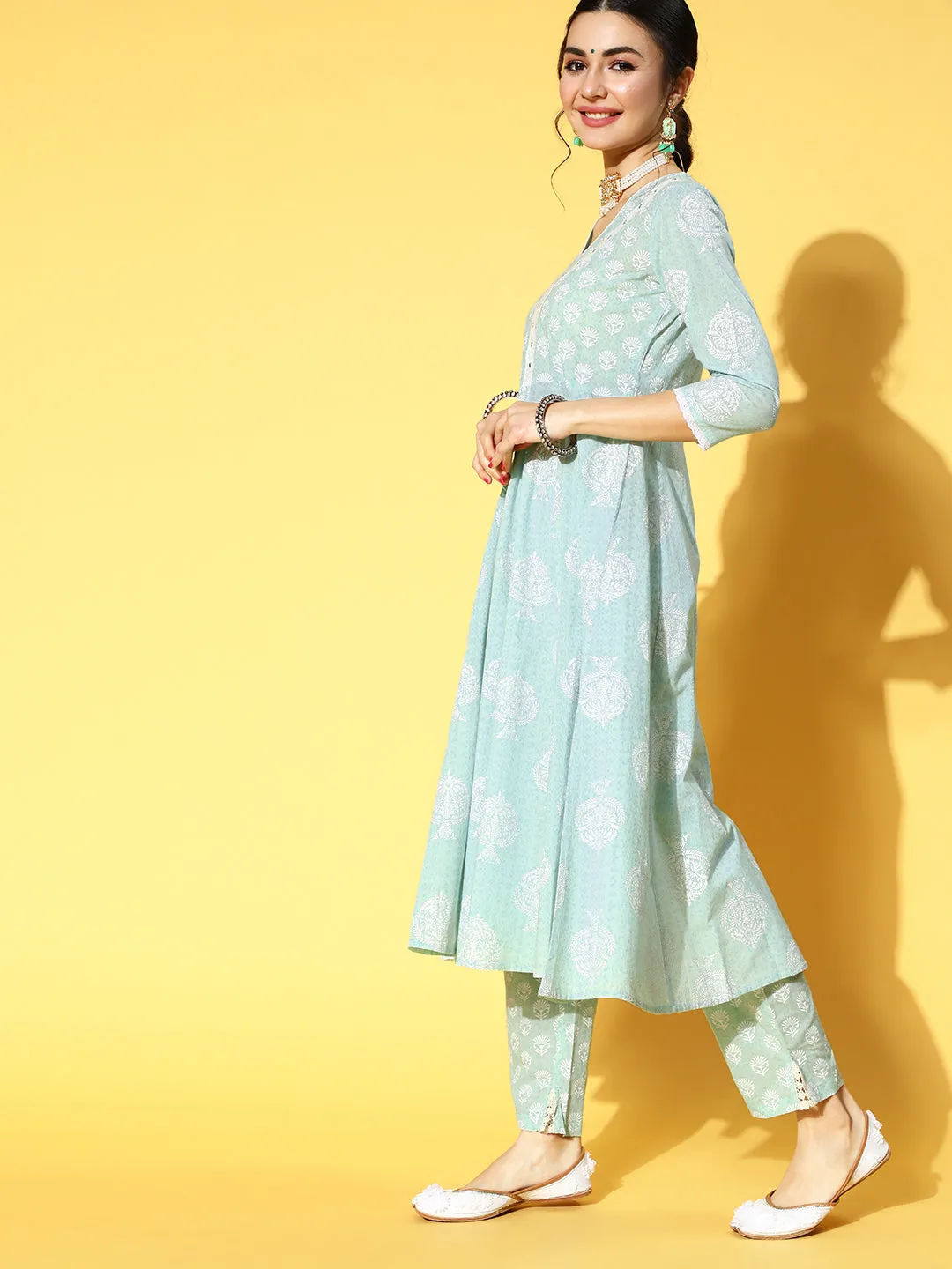 Women Blue Ethnic Motifs Printed Panelled Pure Cotton Kurta With Trousers & With Dupatta