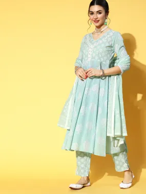 Women Blue Ethnic Motifs Printed Panelled Pure Cotton Kurta With Trousers & With Dupatta