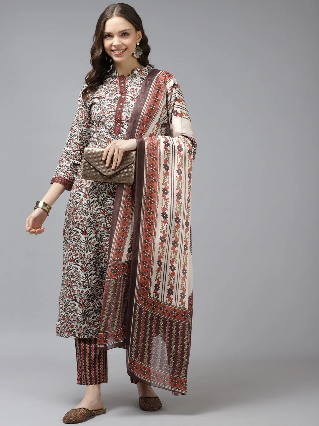 Women Brown And White Cotton Kurta Set With Dupatta