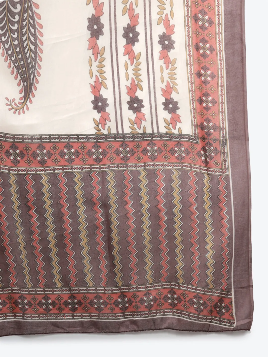 Women Brown And White Cotton Kurta Set With Dupatta