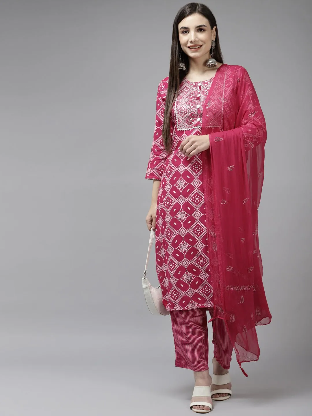 Women Fuchsia Rayon Kurta Set With Dupatta