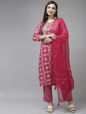 Women Fuchsia Rayon Kurta Set With Dupatta