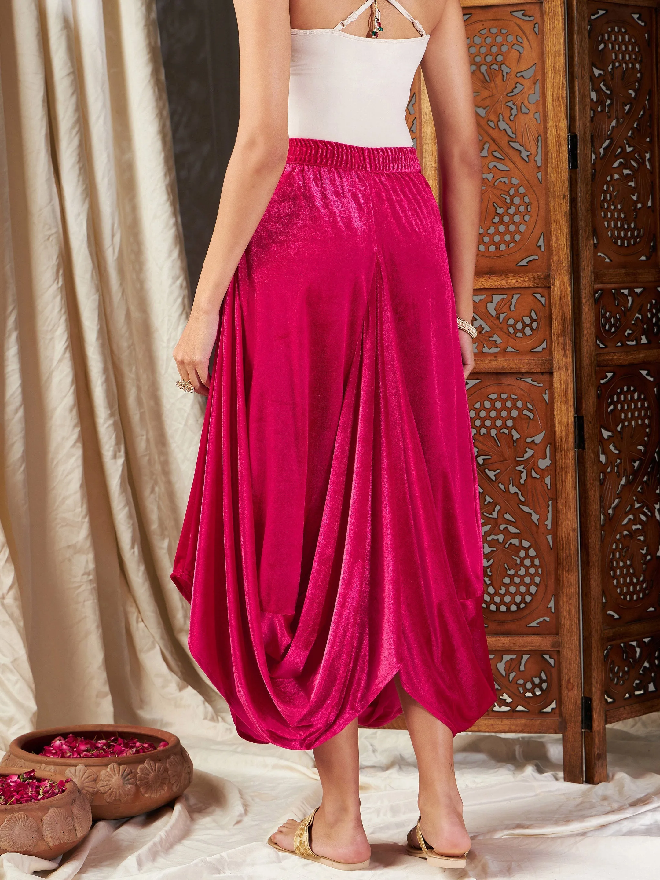 Women Fuchsia Velvet Dhoti Skirt