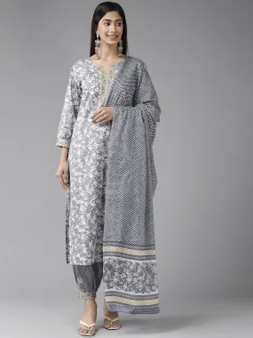 Women Grey Pure Cotton Kurta Set With Dupatta