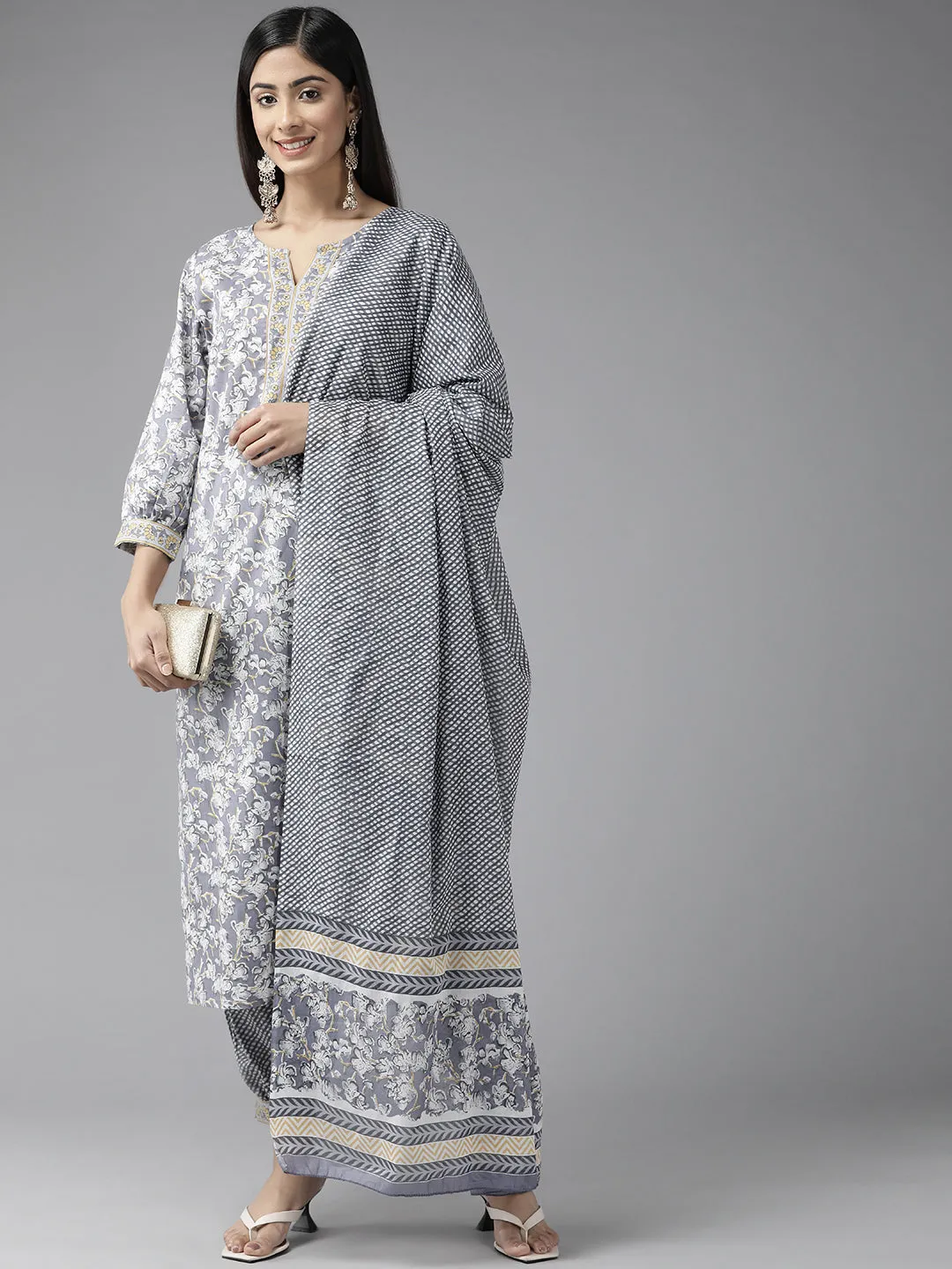 Women Grey Pure Cotton Kurta Set With Dupatta