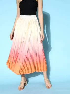 Women Peach & Orange Ombre Pleated Skirt