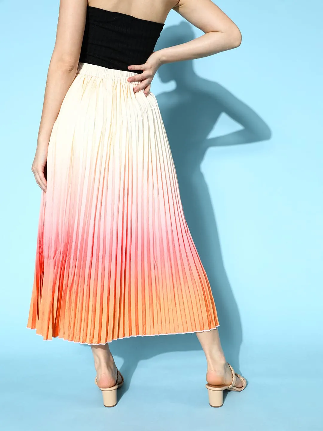 Women Peach & Orange Ombre Pleated Skirt