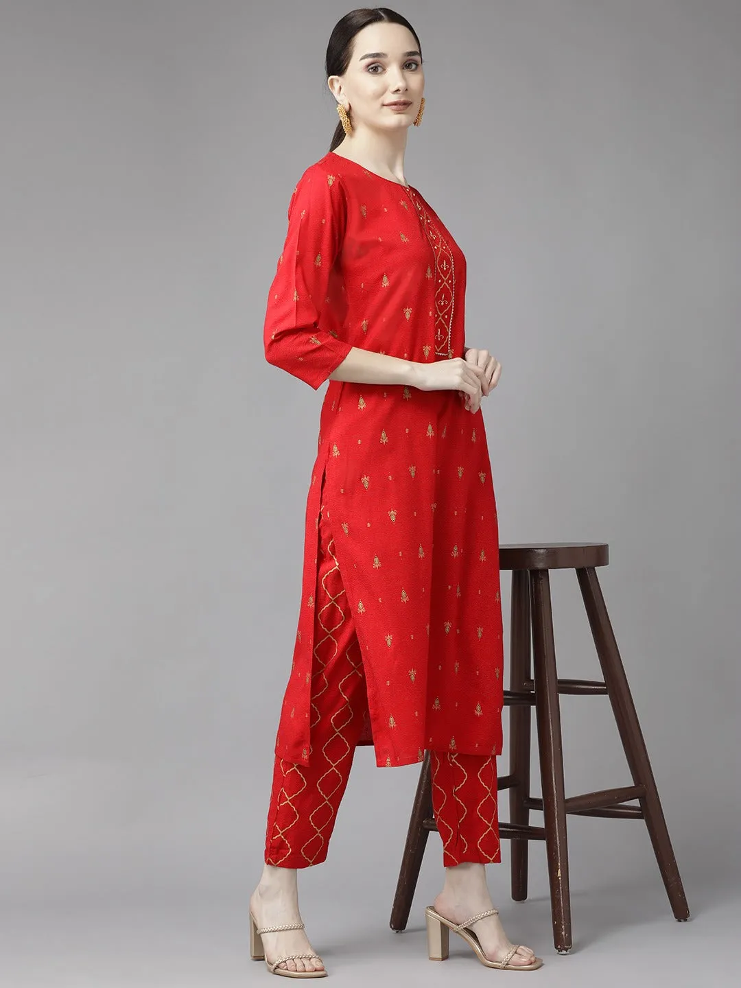 Women Red Rayon Kurta Set