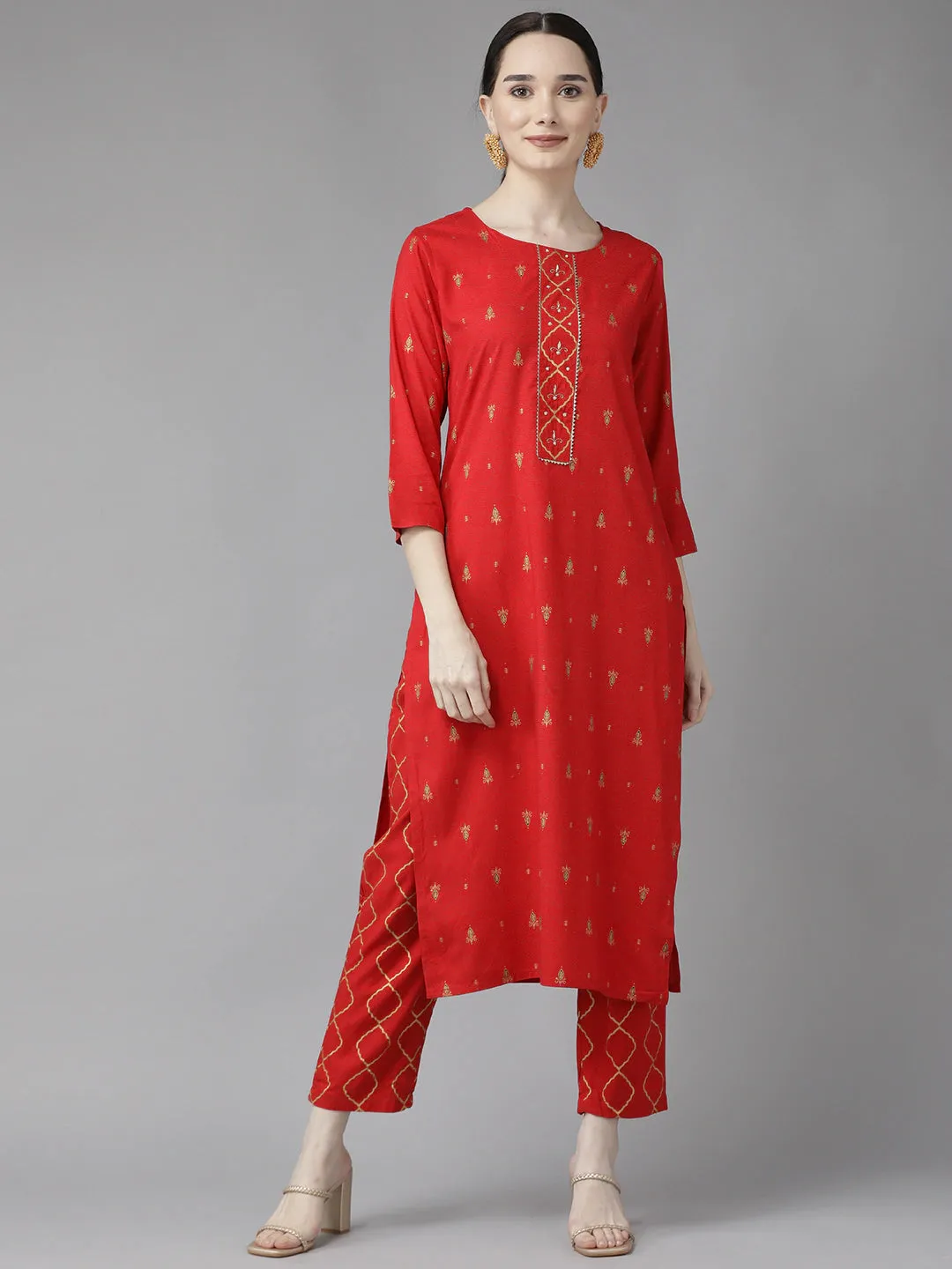 Women Red Rayon Kurta Set