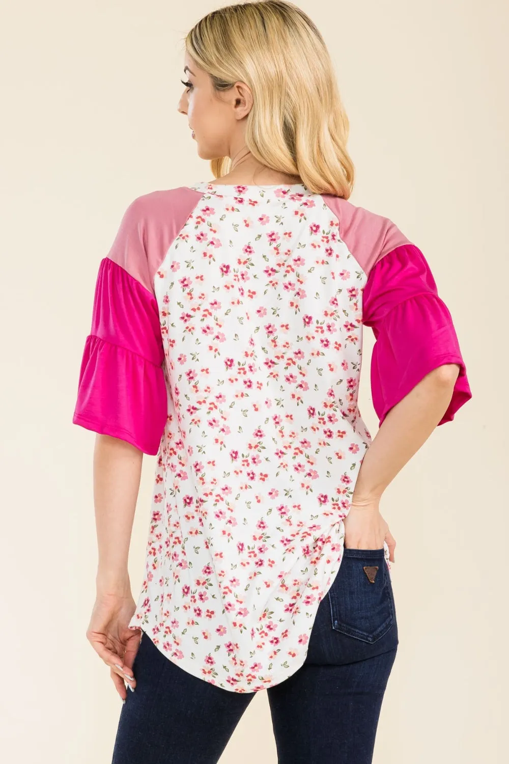 Women's Celeste Full Size Floral Contrast Bell Sleeve Top