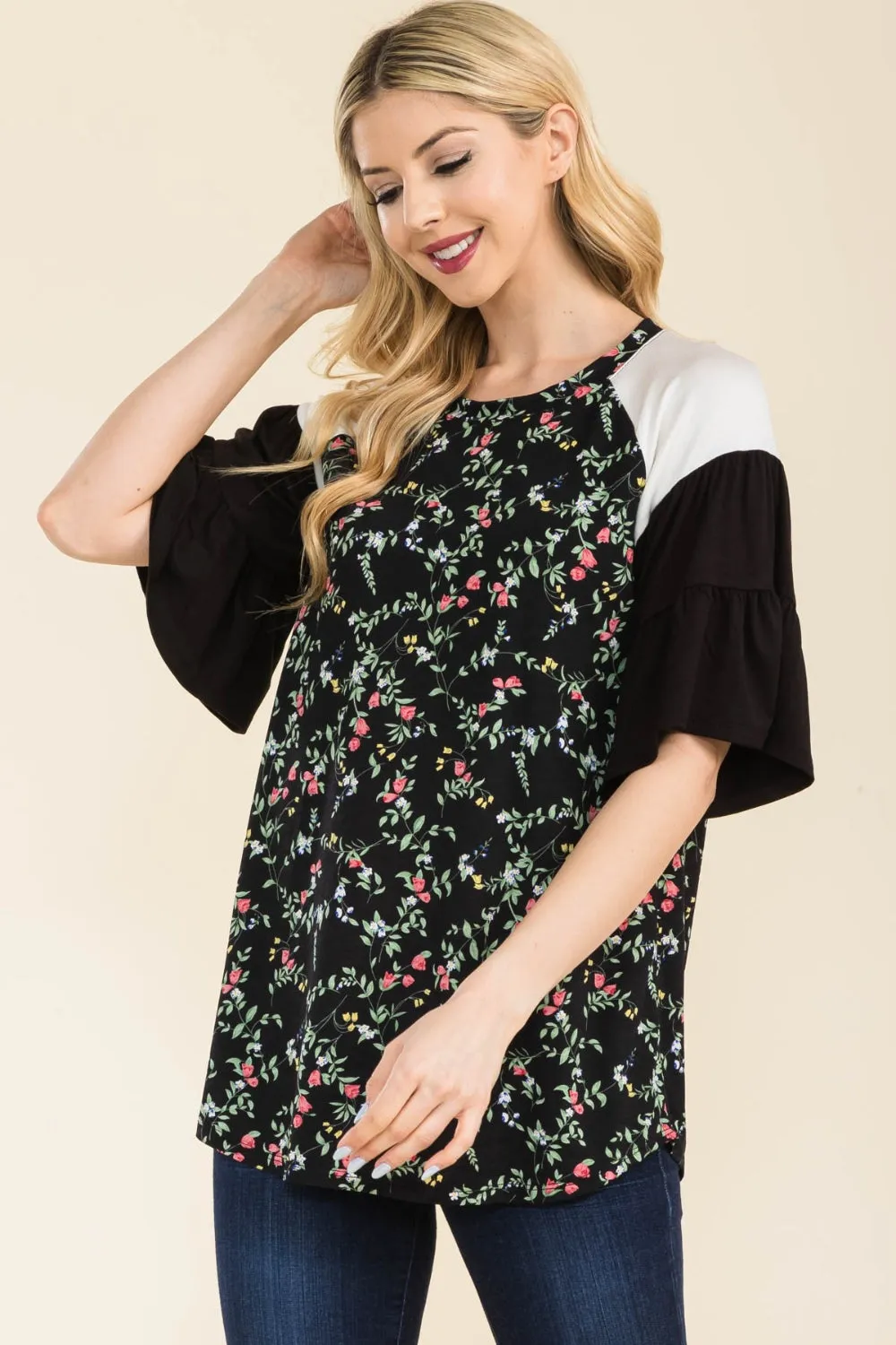 Women's Celeste Full Size Floral Contrast Bell Sleeve Top