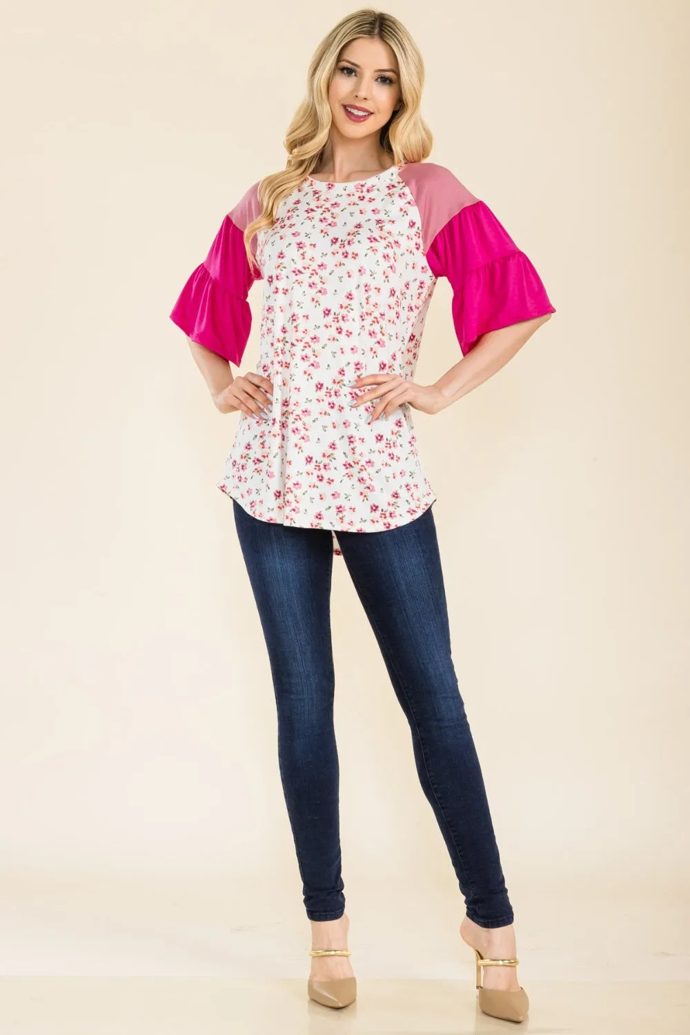 Women's Celeste Full Size Floral Contrast Bell Sleeve Top