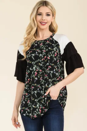 Women's Celeste Full Size Floral Contrast Bell Sleeve Top