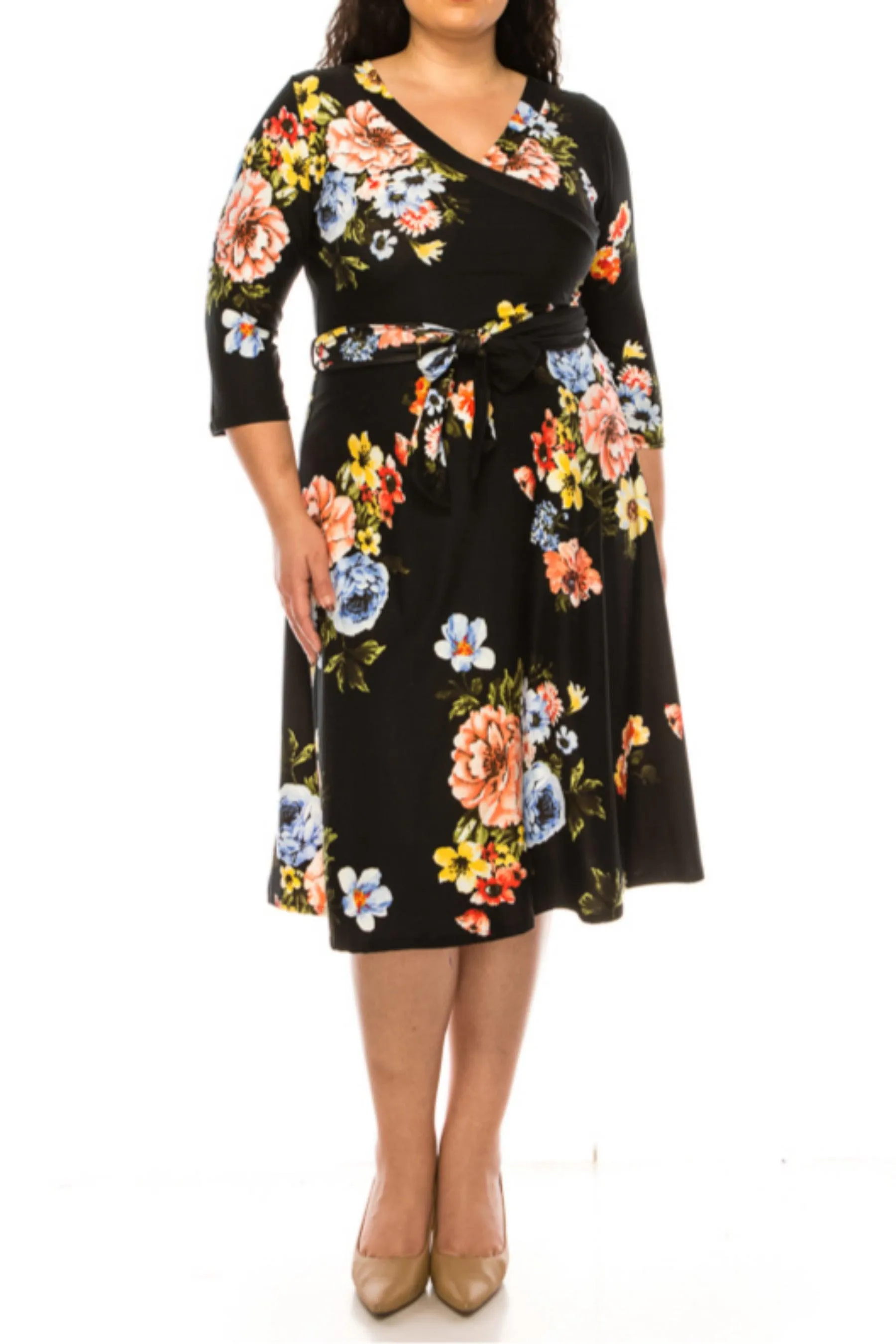 Women's Plus Size Faux Wrap Dress with Deep V-Neck and Waist Tie