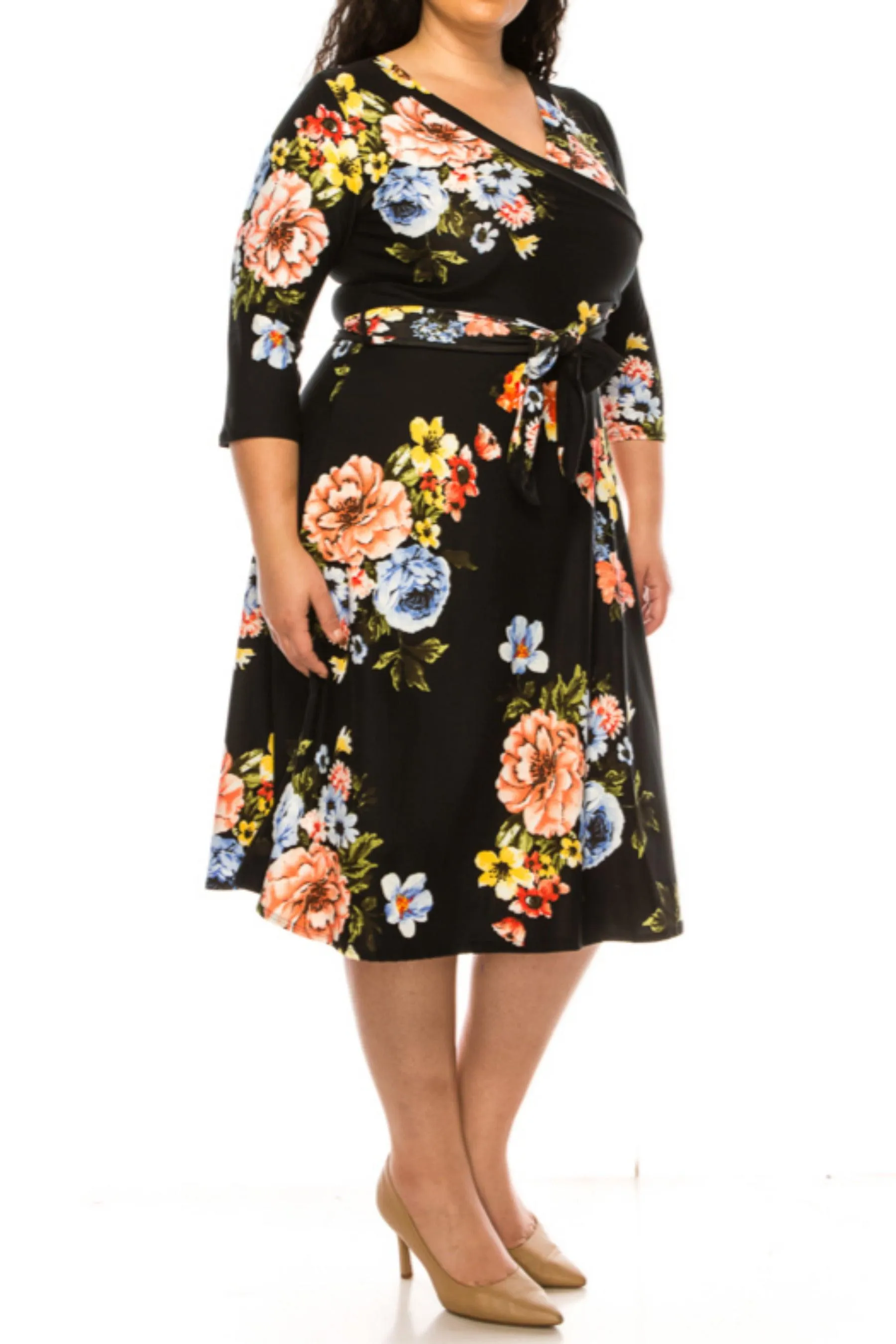 Women's Plus Size Faux Wrap Dress with Deep V-Neck and Waist Tie