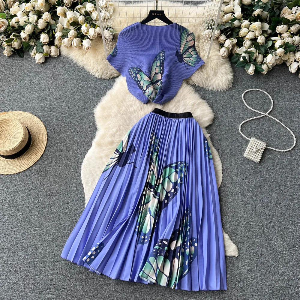 Women's Short-sleeved Top and High Waist Pleated Skirt Two-piece Outfit Set