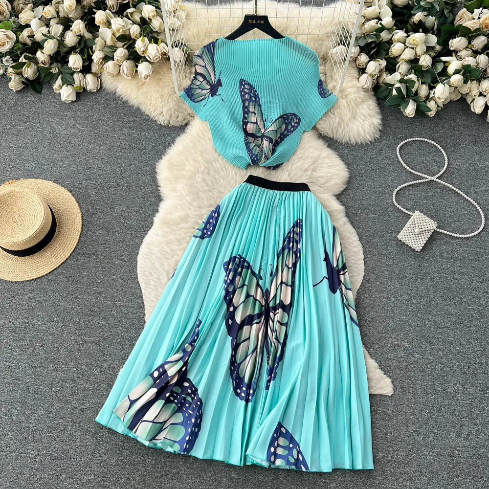 Women's Short-sleeved Top and High Waist Pleated Skirt Two-piece Outfit Set