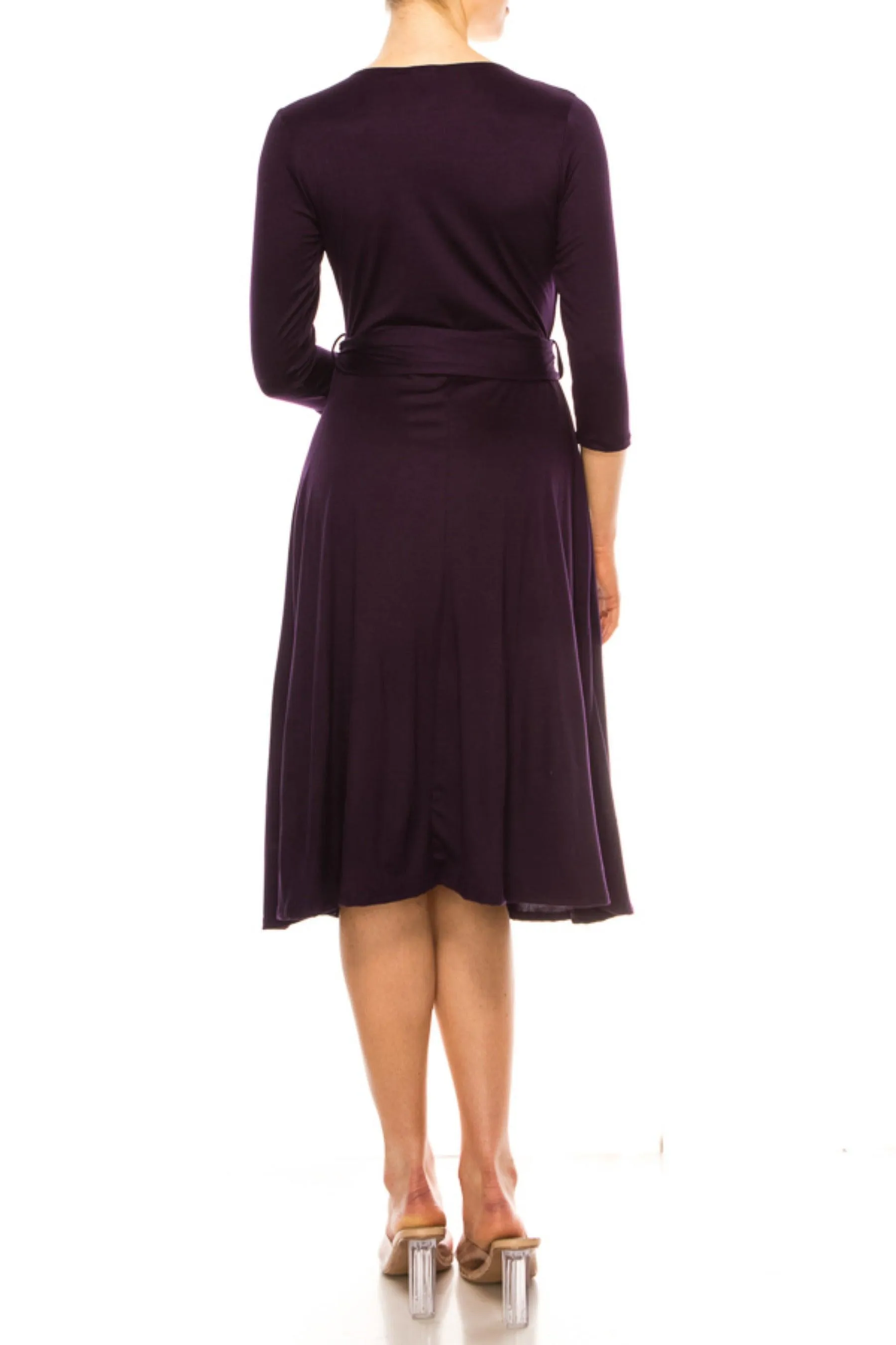 Women's Solid Wrap Dress 3/4 Sleeve V Neck Waist Tie