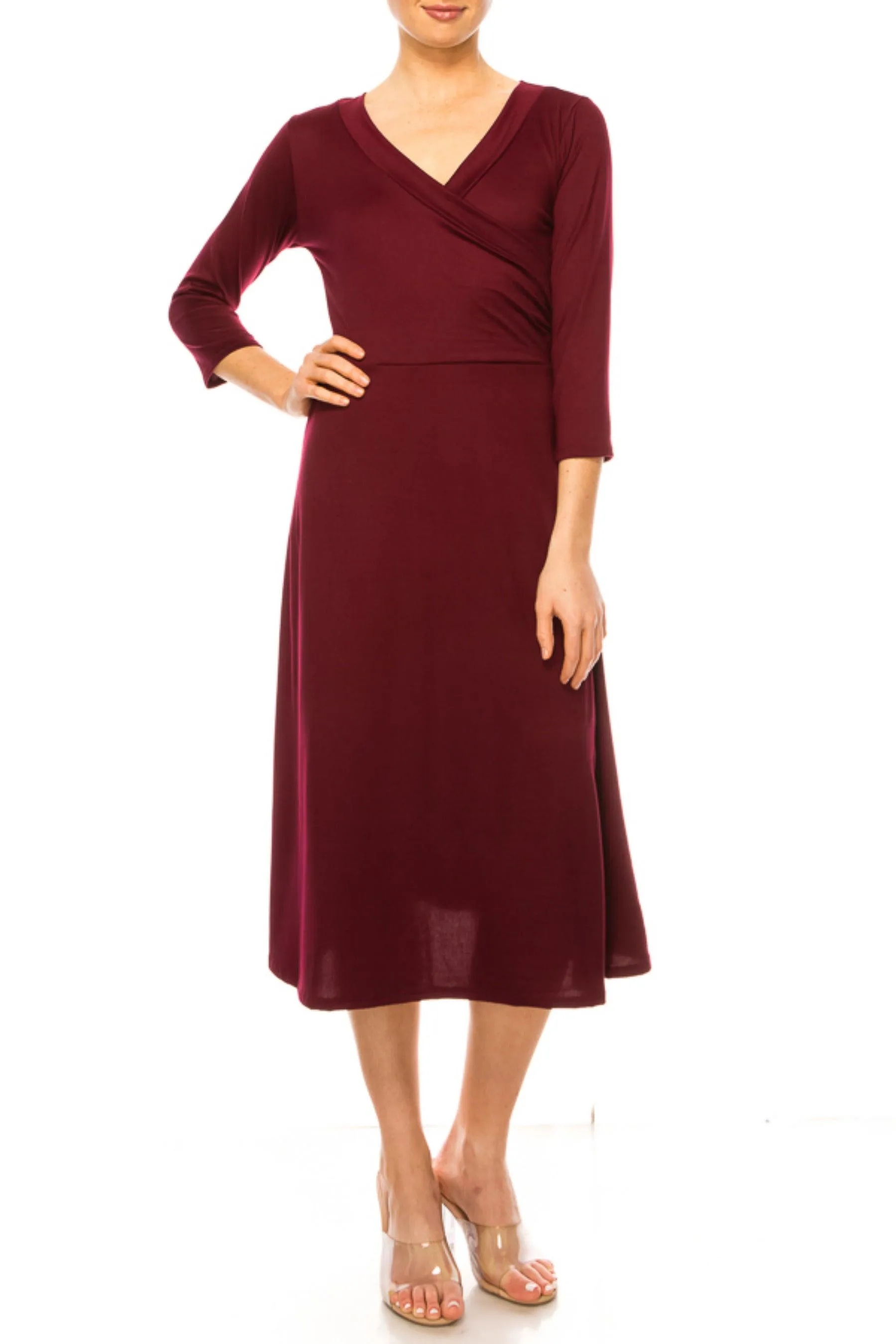 Women's Solid Wrap Dress 3/4 Sleeve V Neck Waist Tie