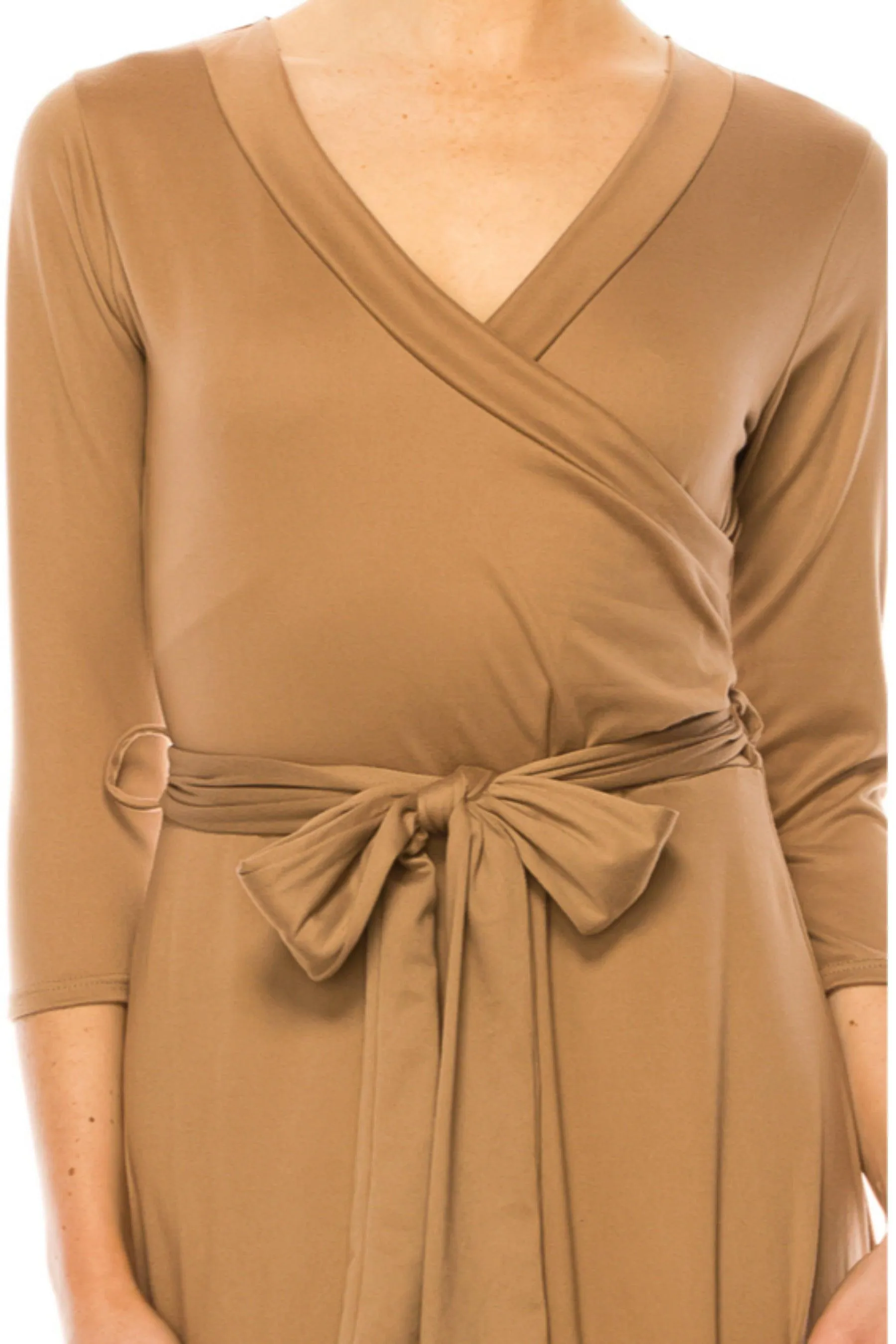 Women's Solid Wrap Dress 3/4 Sleeve V Neck Waist Tie