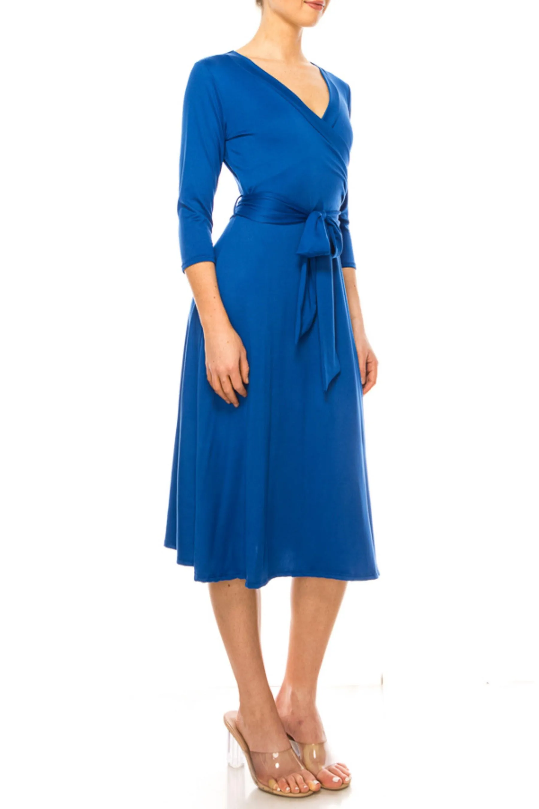 Women's Solid Wrap Dress 3/4 Sleeve V Neck Waist Tie