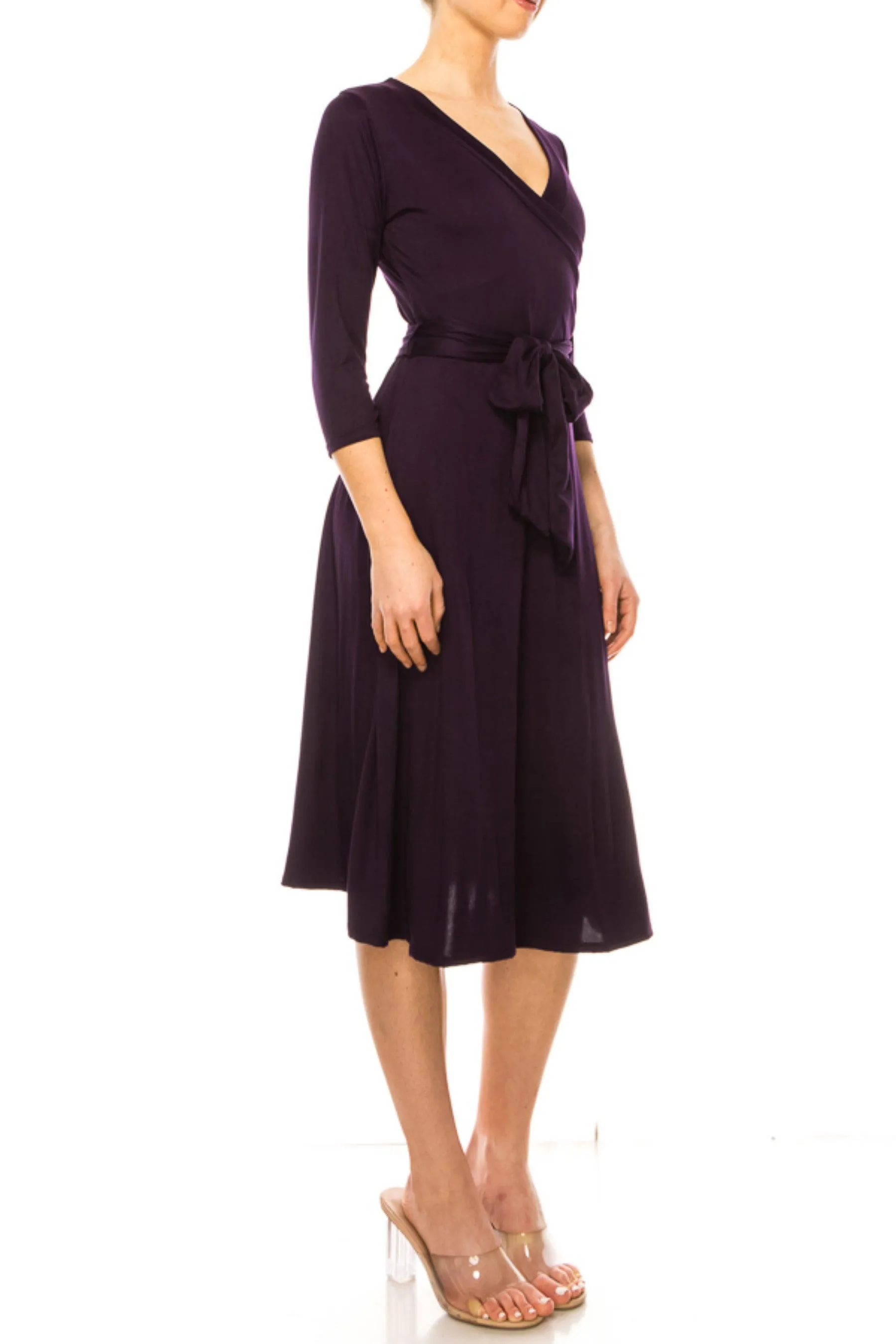 Women's Solid Wrap Dress 3/4 Sleeve V Neck Waist Tie