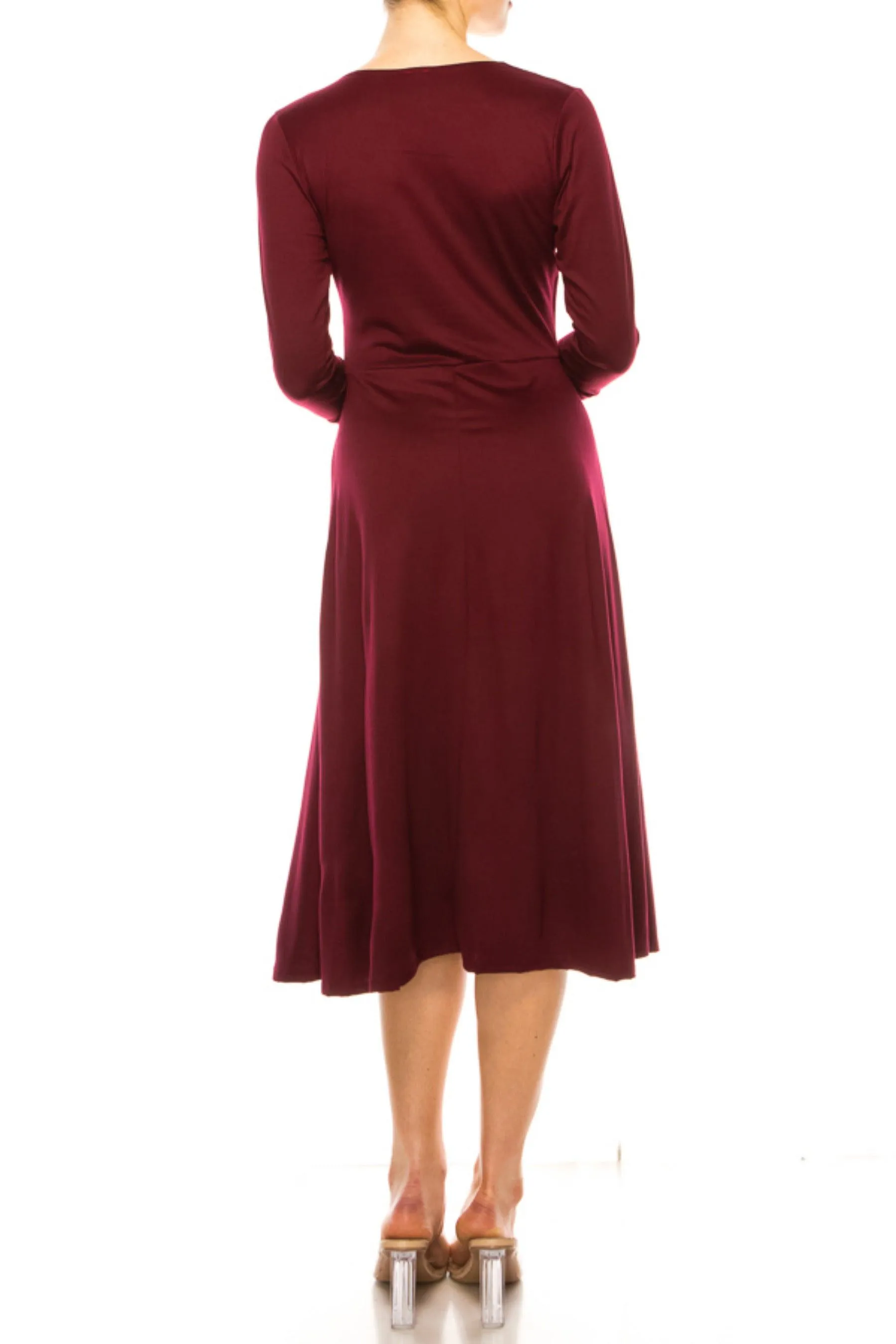 Women's Solid Wrap Dress 3/4 Sleeve V Neck Waist Tie