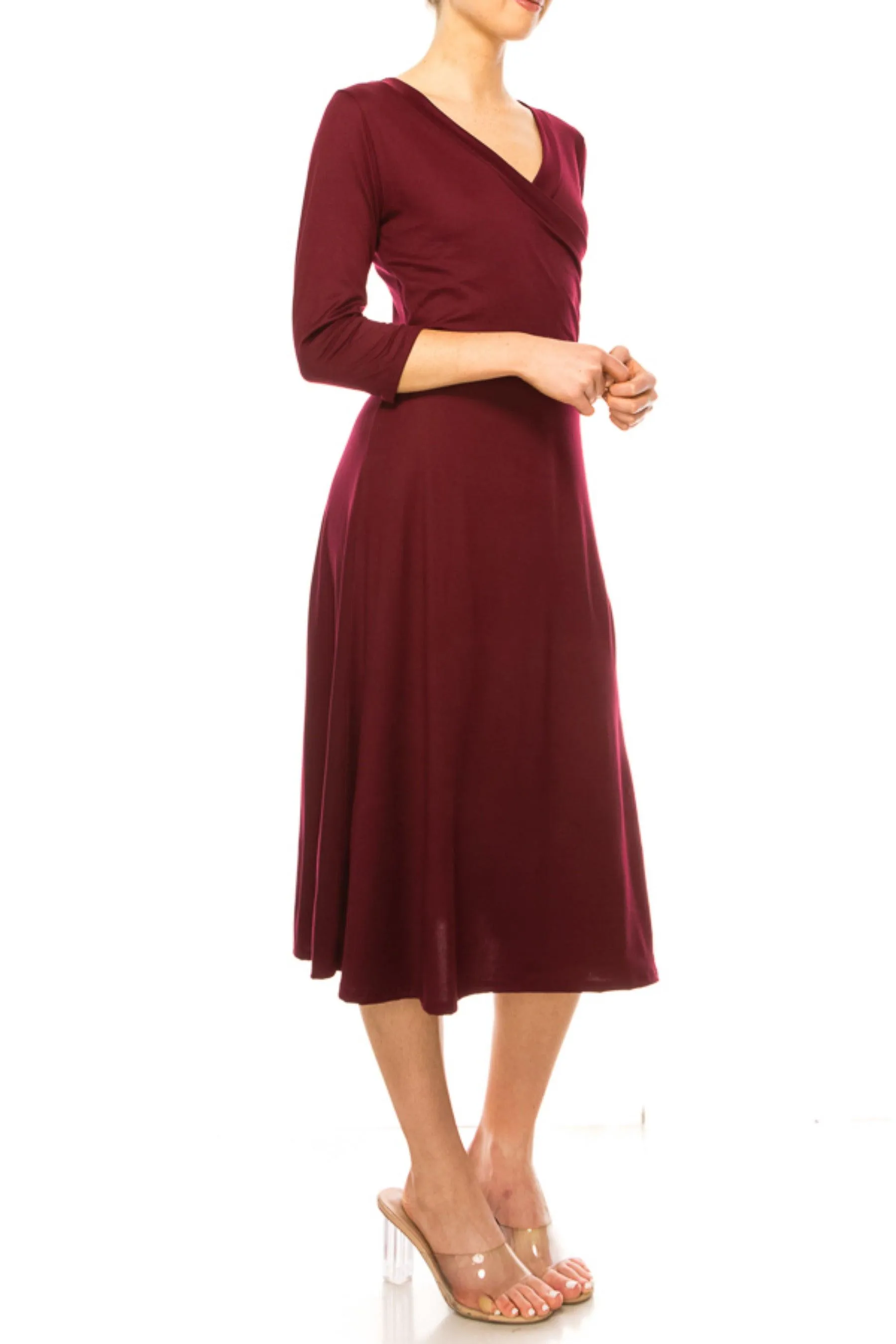 Women's Solid Wrap Dress 3/4 Sleeve V Neck Waist Tie