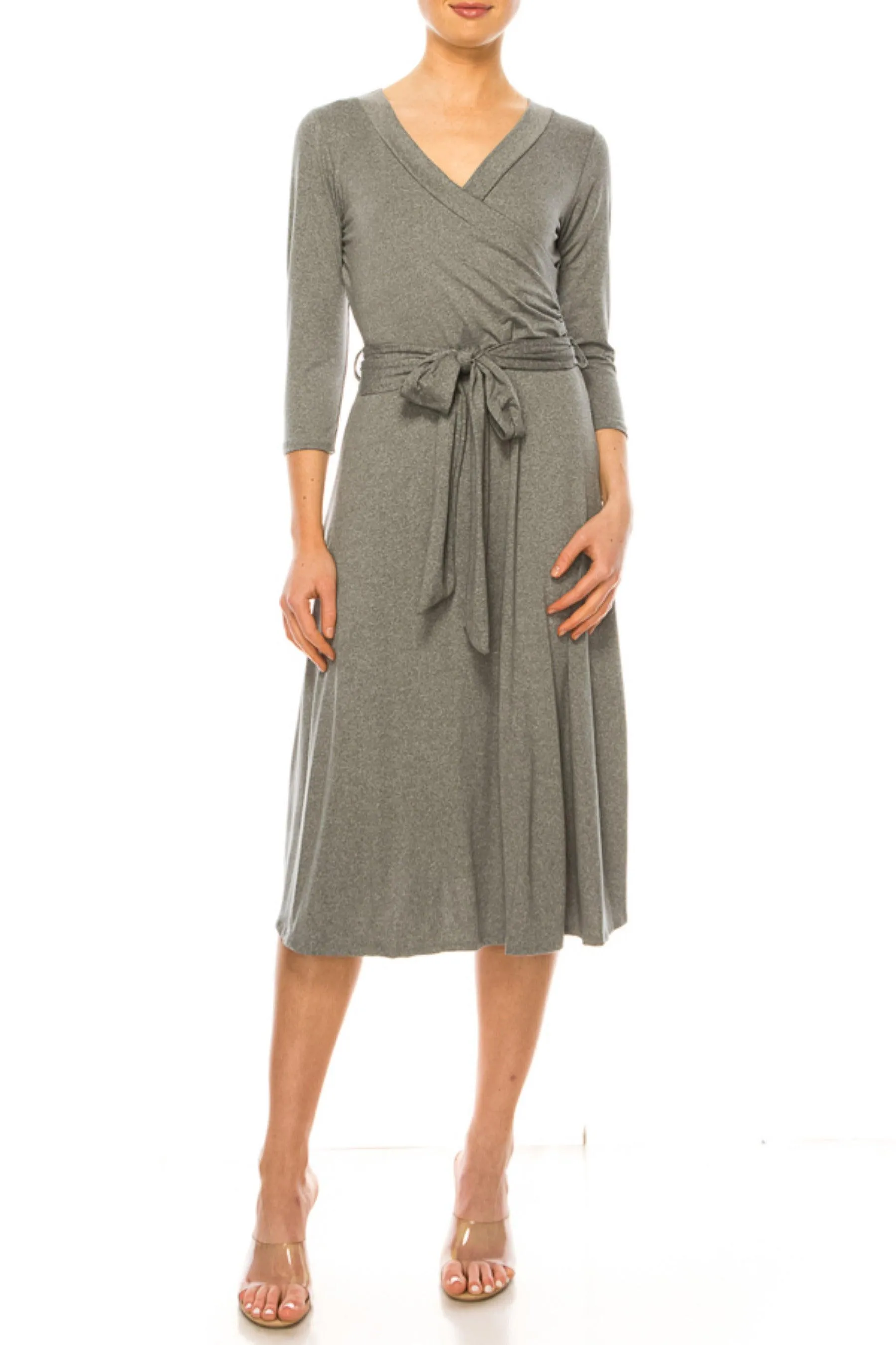 Women's Solid Wrap Dress 3/4 Sleeve V Neck Waist Tie