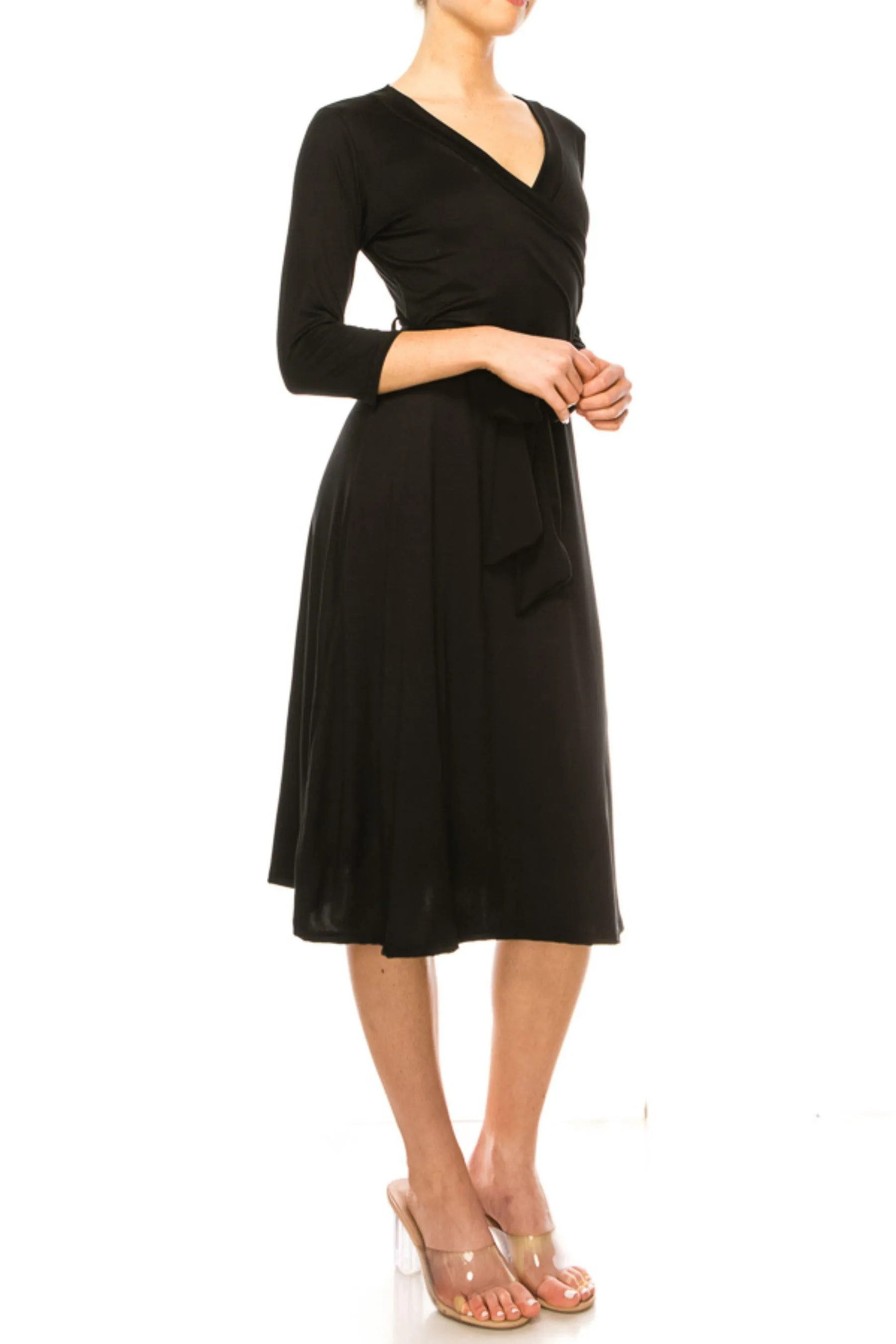 Women's Solid Wrap Dress 3/4 Sleeve V Neck Waist Tie