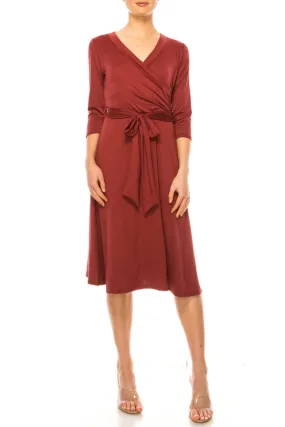 Women's Solid Wrap Dress 3/4 Sleeve V Neck Waist Tie