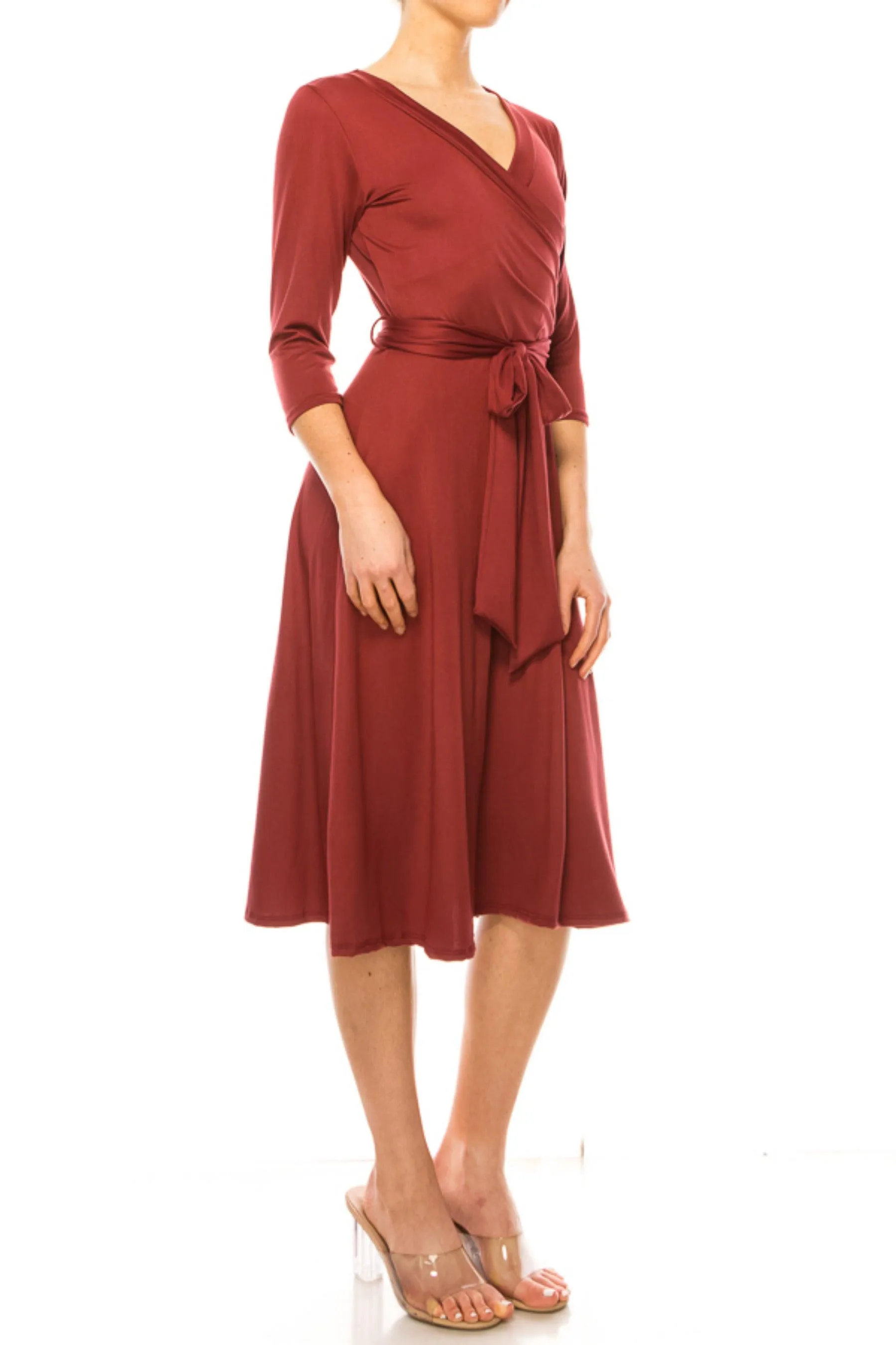 Women's Solid Wrap Dress 3/4 Sleeve V Neck Waist Tie