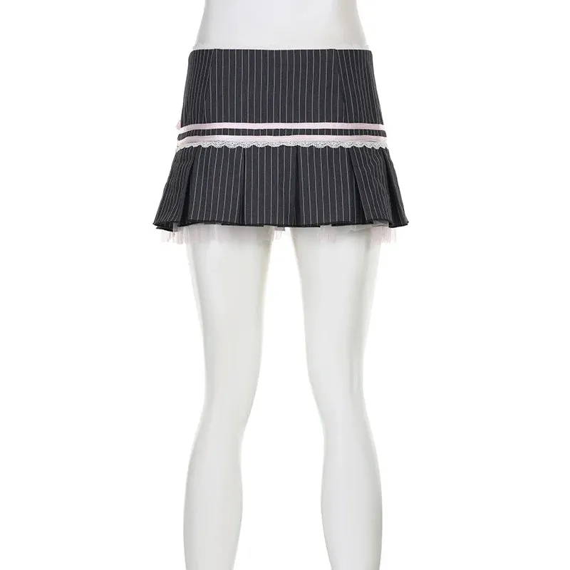 y2k Stripe Howsweet Mini Skirt Women Vintage Aesthetic Lace Trim Bow Pleated Skirt 2000s Coquette Clothes Kawaii Chic