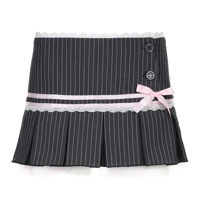 y2k Stripe Howsweet Mini Skirt Women Vintage Aesthetic Lace Trim Bow Pleated Skirt 2000s Coquette Clothes Kawaii Chic