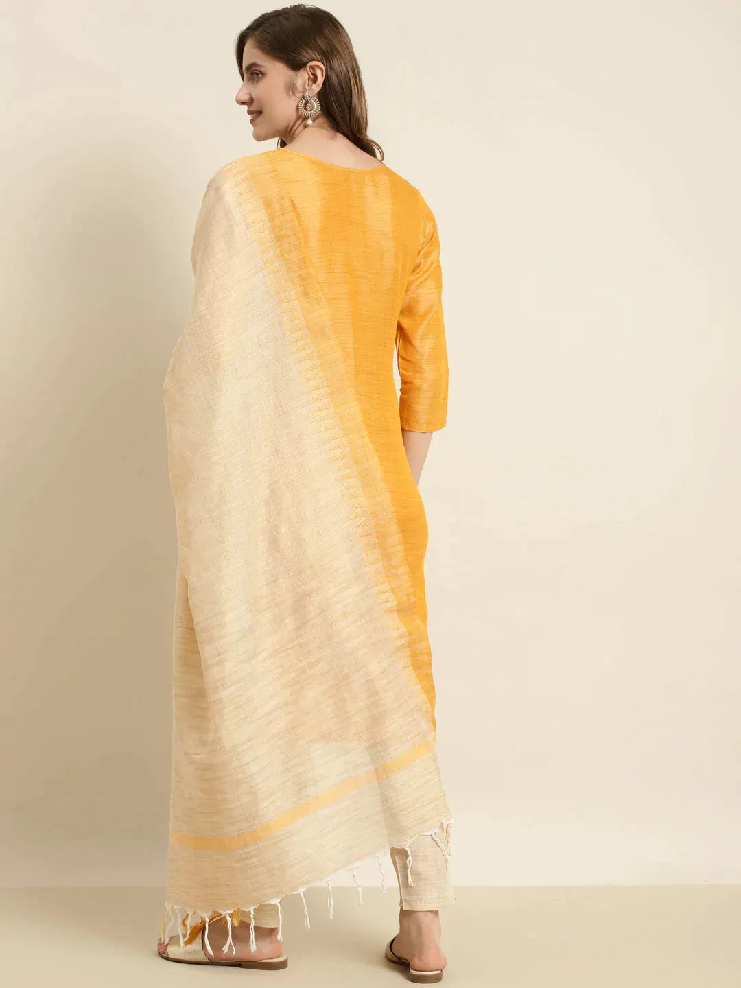 Yoke Design Cotton Silk Kurta With Trousers & Dupatta