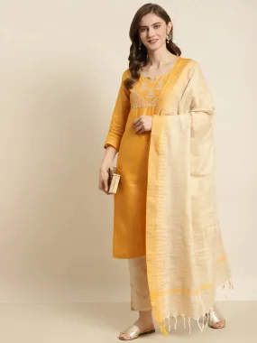 Yoke Design Cotton Silk Kurta With Trousers & Dupatta