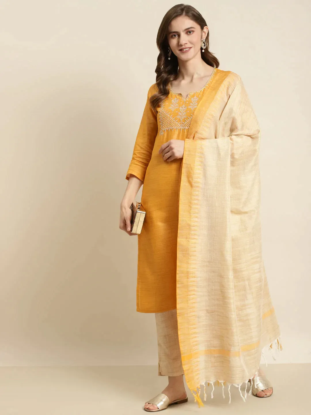 Yoke Design Cotton Silk Kurta With Trousers & Dupatta