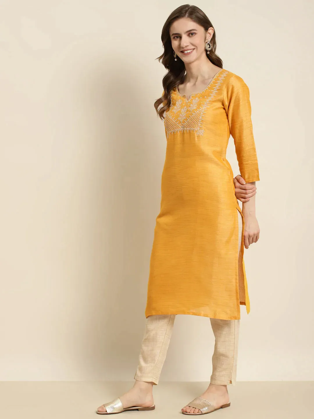 Yoke Design Cotton Silk Kurta With Trousers & Dupatta