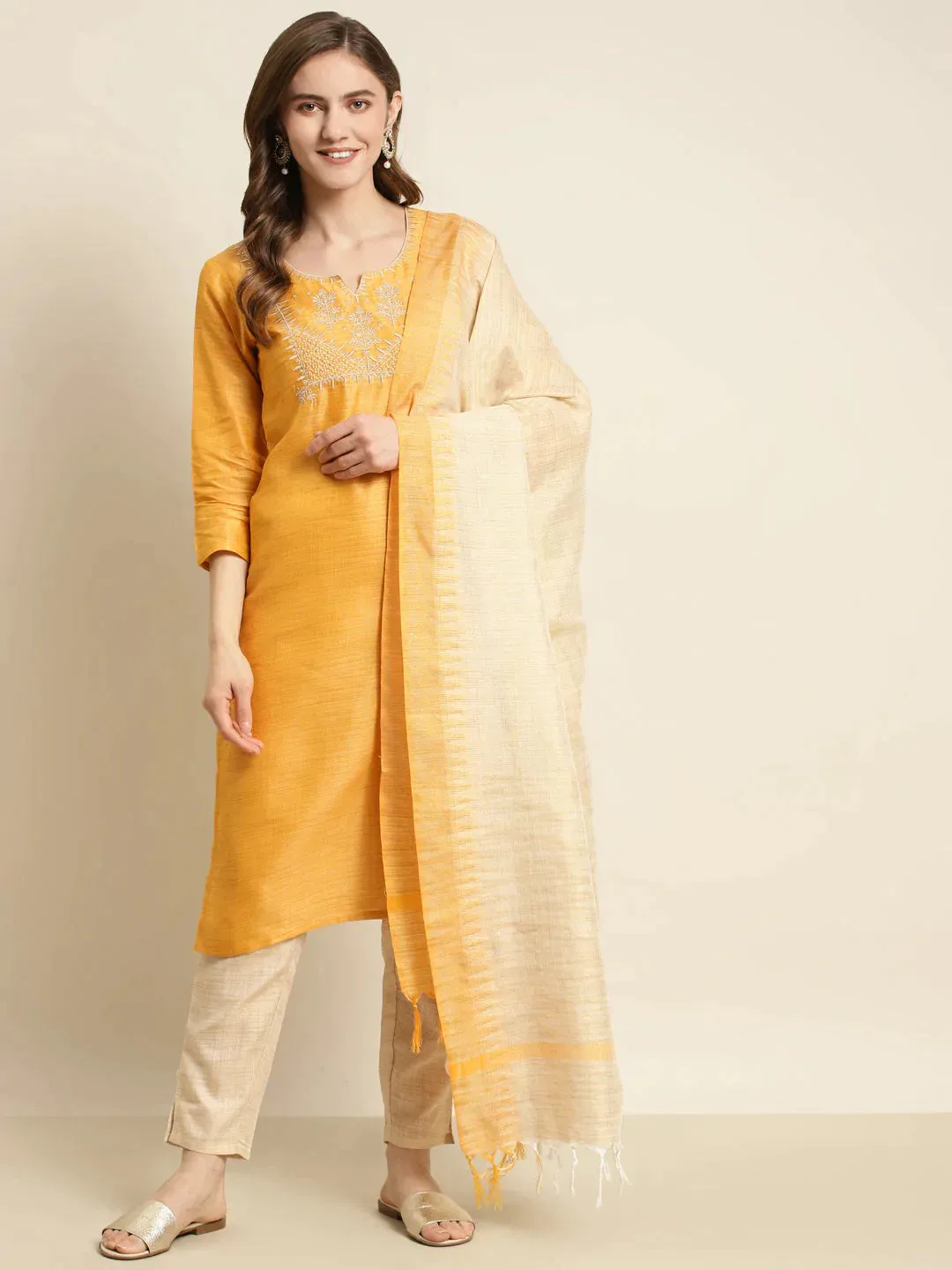 Yoke Design Cotton Silk Kurta With Trousers & Dupatta