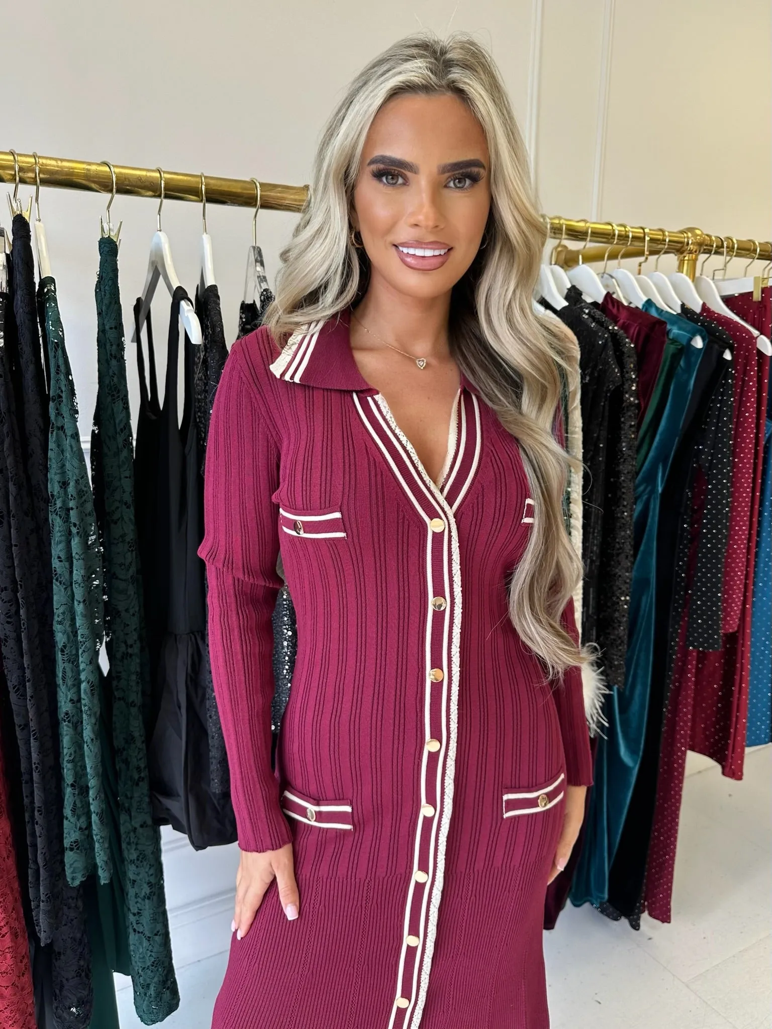 ZOEIVER BURGUNDY GOLD BUTTON DRESS